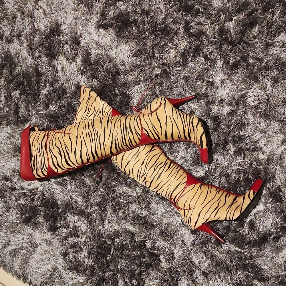 Casadei Over-The-Knee Boots; Pony Hair/Tiger Stripe, Red Leather